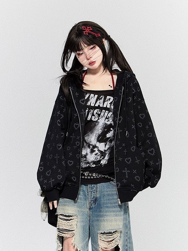 Black Cross Jacket Hoodie Ear Hood Bear Gothic with Print Purple
