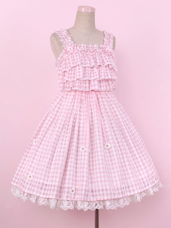 Pink Cottagecore Gingham Sundress Daisy Lace Trim Plaid Lolita Jumper Skirt