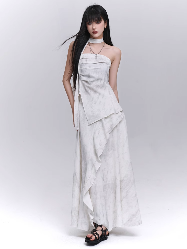 Off-white Side Strapless Top / Elastic Waist Scarf Slit with