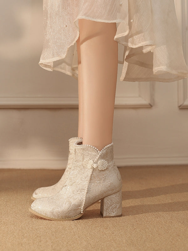 Qi Embellishments Normale/Verdickte Version Stiefel Frosch Lolita Akzent Beige Knopf Satin Perlen Blumenmuster -