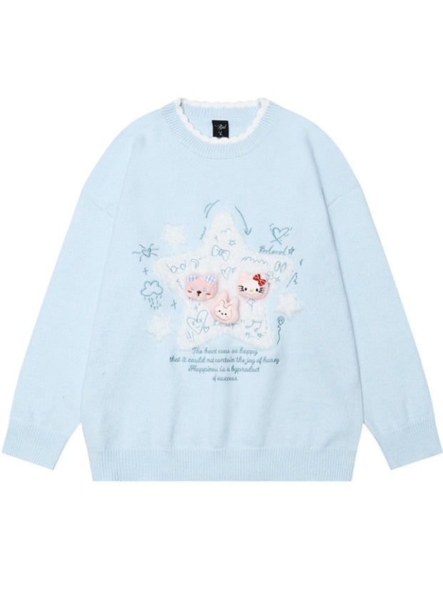 Light Blue/Light Yellow Star Applique Cute Kitties Adorned Loose Sweater