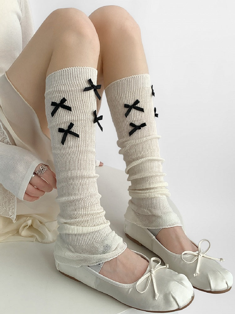 Bowknot Details Gray/White Knitted Warmers Leg