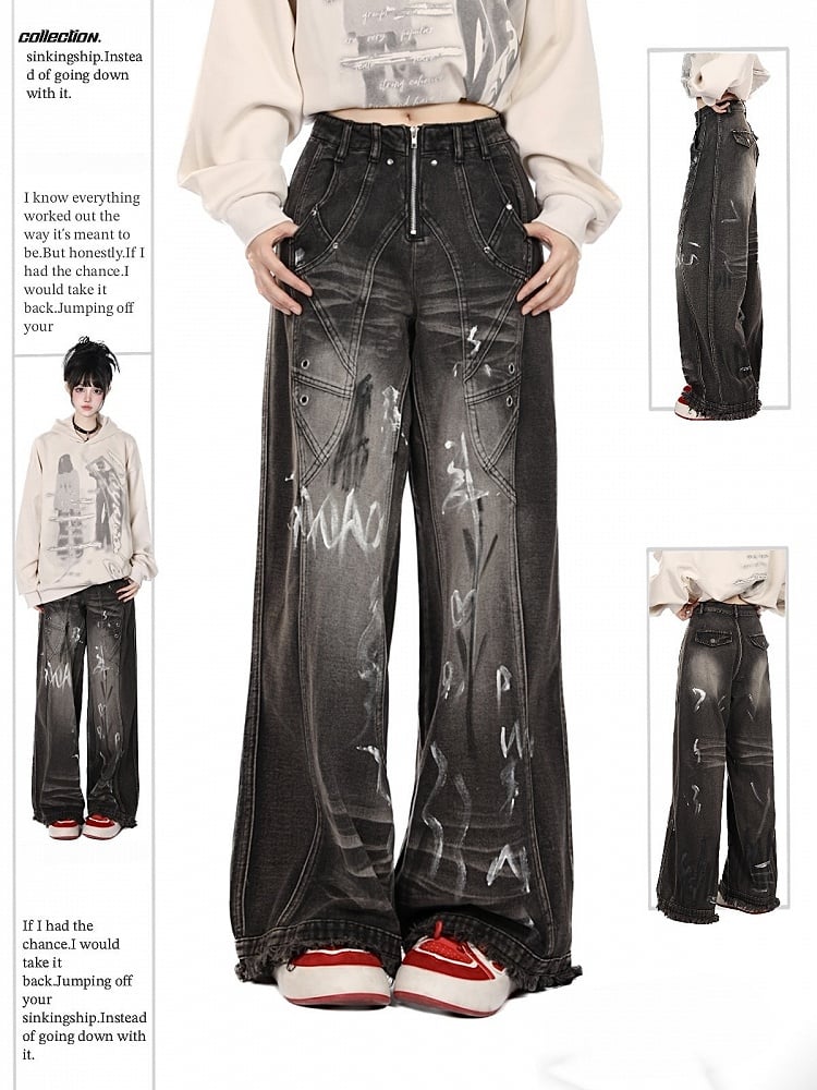 Black Closure Lines Visible Zipper Tie-Dye Graffiti Wide-Leg Jeans with Flowing