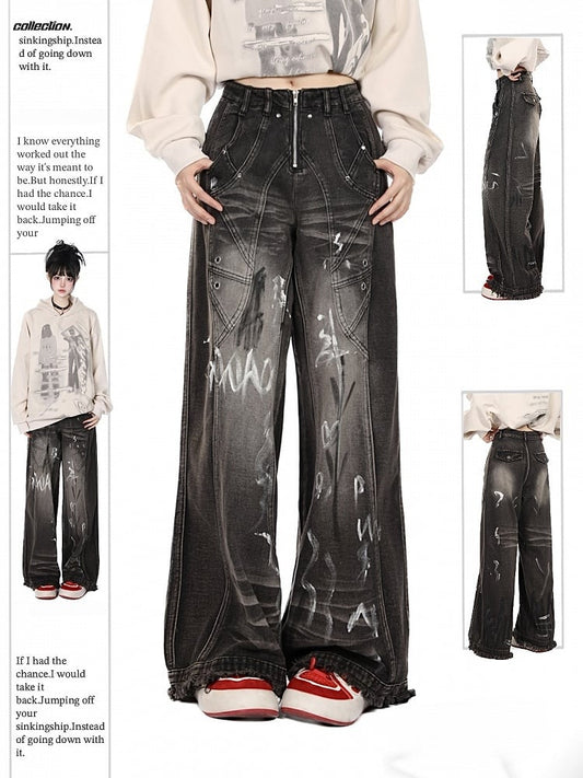 Black Closure Lines Visible Zipper Tie-Dye Graffiti Wide-Leg Jeans with Flowing
