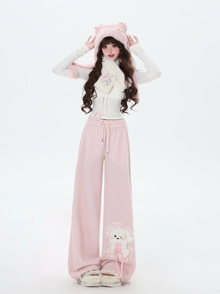 ピンクのキュートな子犬のストレートレッグカットパンツ