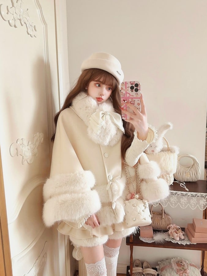 Faux Fleece Cloak White With Fur-Trimmed Bow Accents Creamy