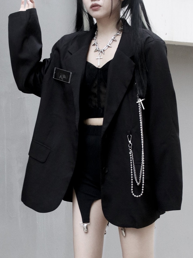 with Tag Black Detail Name Punk Silver Edgy Blazer Chain
