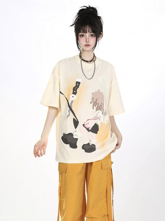 Beige Oversize Tee with Cartoon Boy Print
