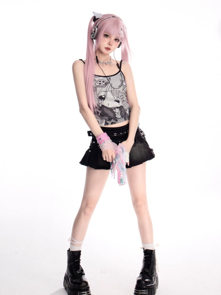 Straps Mini Pleated Denim Skirt Waist Studded Buckle Black Low