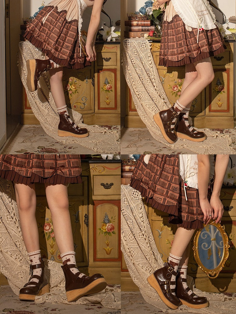 - Sole Buckle cm Ankle 3–5 Grain 3 Brown Wood Boots Straps Wedge Platform Vintage