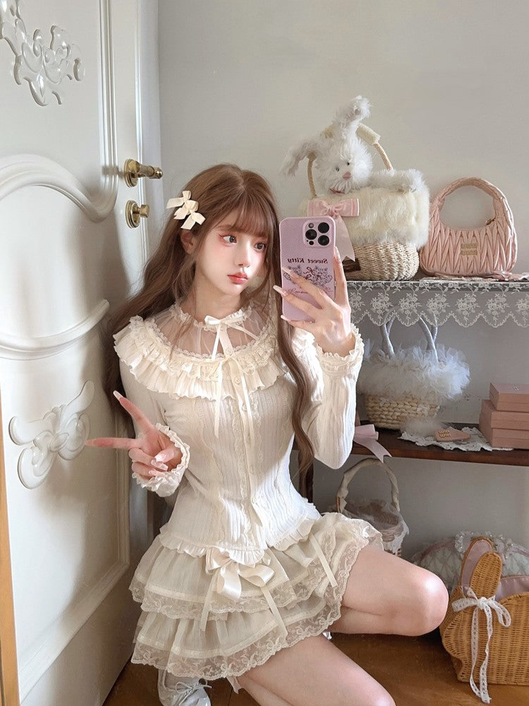 Vintage Knit Bow White Cardigan Ruffled Lace
