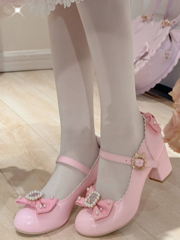 Schuhe Janes Bowknot Strass verziert und rund Mary Lolita Details Perlen Zehen rosa