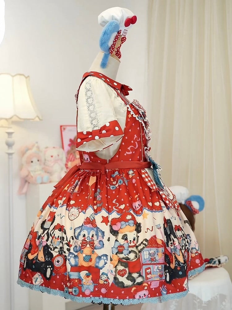 Puppy's Toy House – Rotes süßes Lolita-Overallkleid/komplettes Set