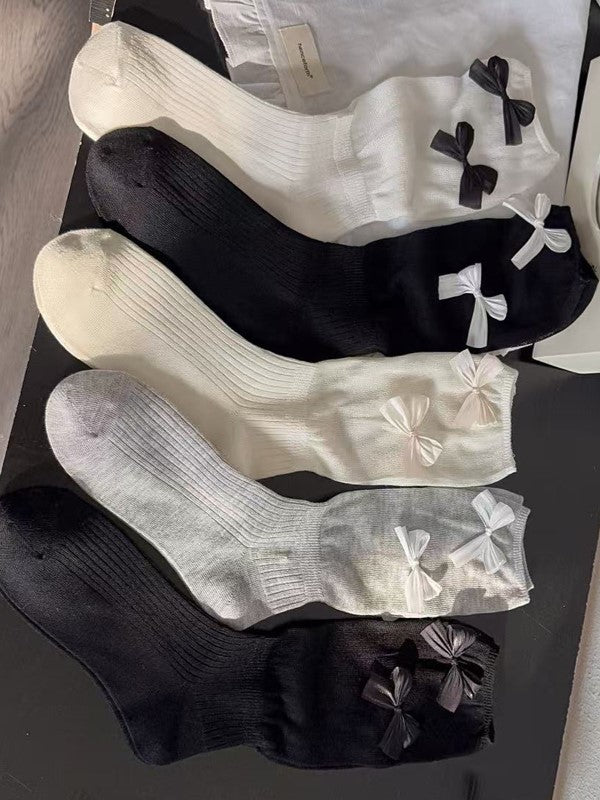 Details Bowknot Black/White/Beige/Gray Lolita Socks Calf