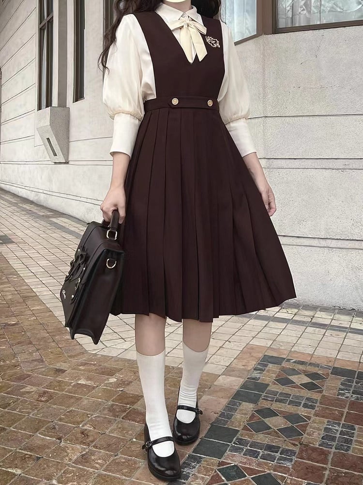 with 70cm Brown / Embroidery High Waist Box Pleat Overall Dress 65 Dove