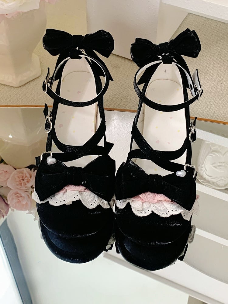 Süße Riemen mit Schleife und Herzschnallen an der Schnalle, Lolita-Oberteil, Knöchel, abnehmbare Schuhe mit schwarzem Doppelkreuzmuster