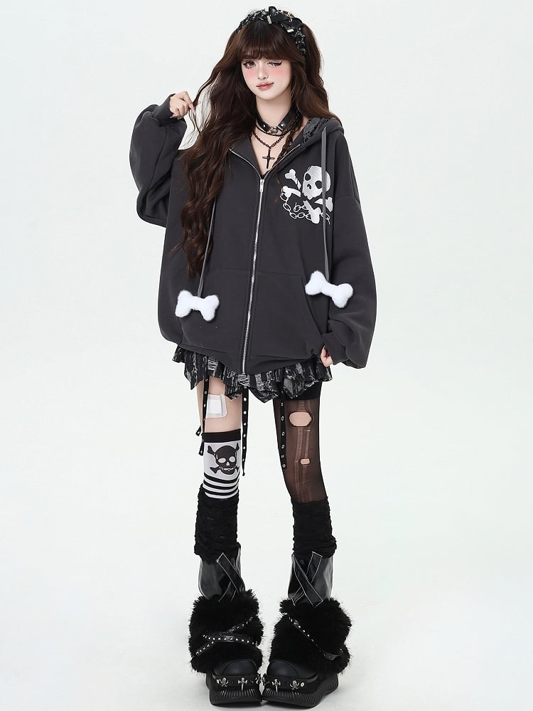 Y2K Skelett Print Hasenohren Kapuze Punk Zip Hoodie