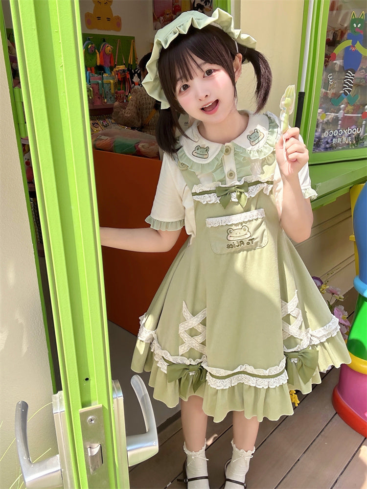 Light Green Frog Embroidery Lace Trim Overalls