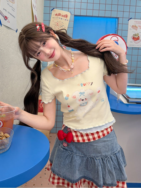 T-Shirt Hem Square Neck Apricot Puppy Print Lettuce