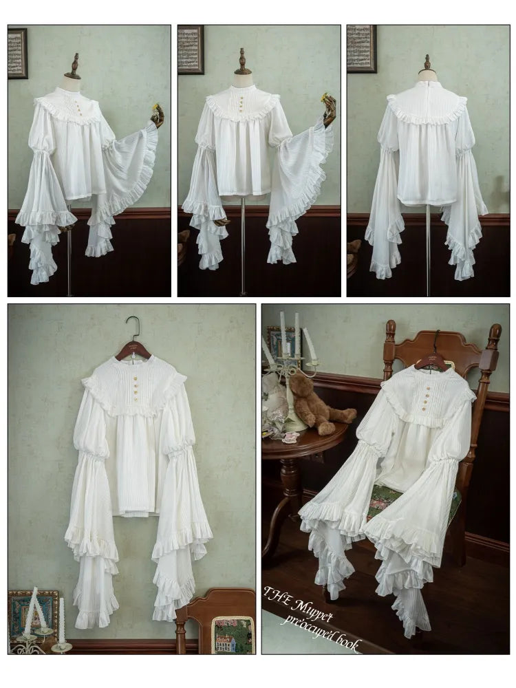 Blouse White Flounce Gothic Sleeves Bell Trim