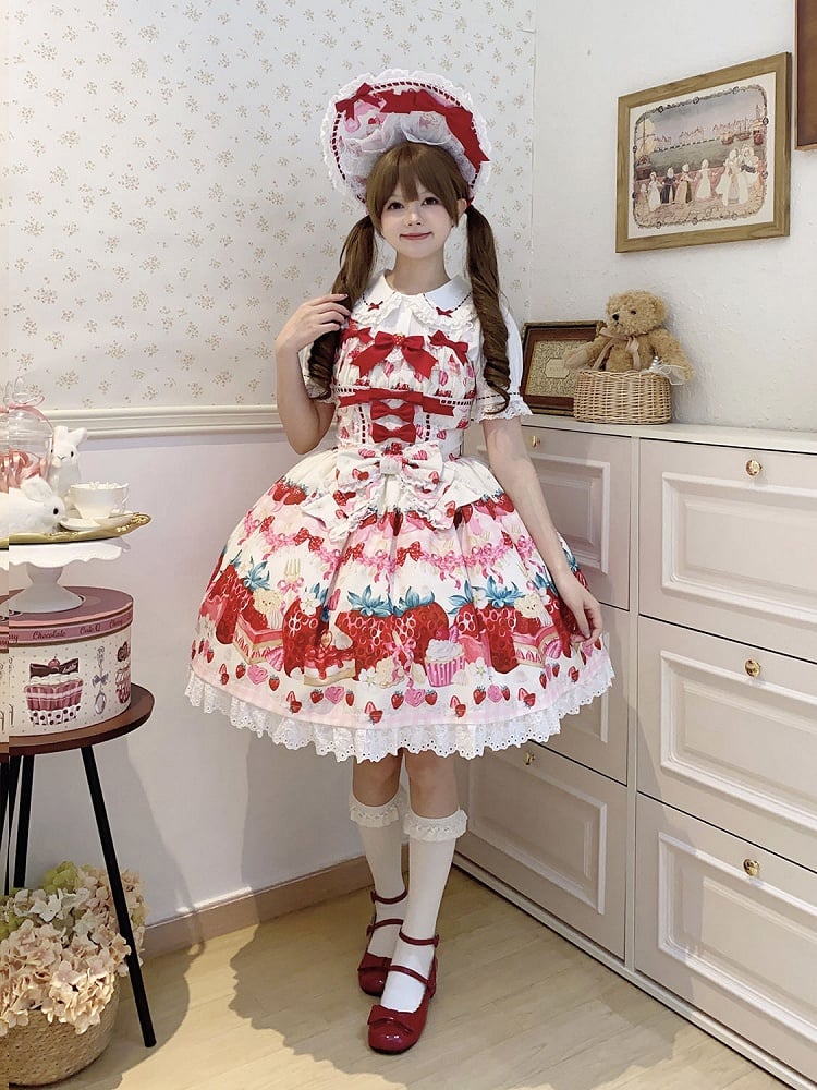 Strawberry Dessert Lolita Sweet Dress and White Print