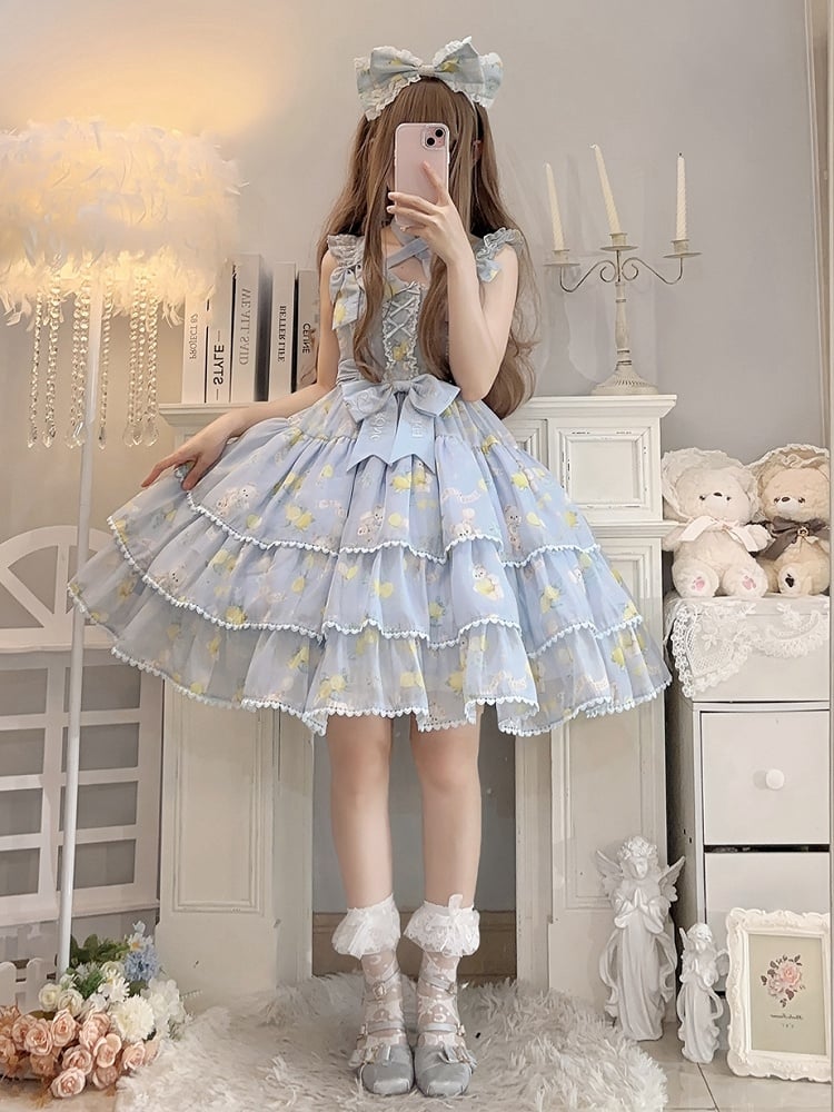 Skirt Bear High Print Blue Tiered Lolita Lemon Waist and Dress