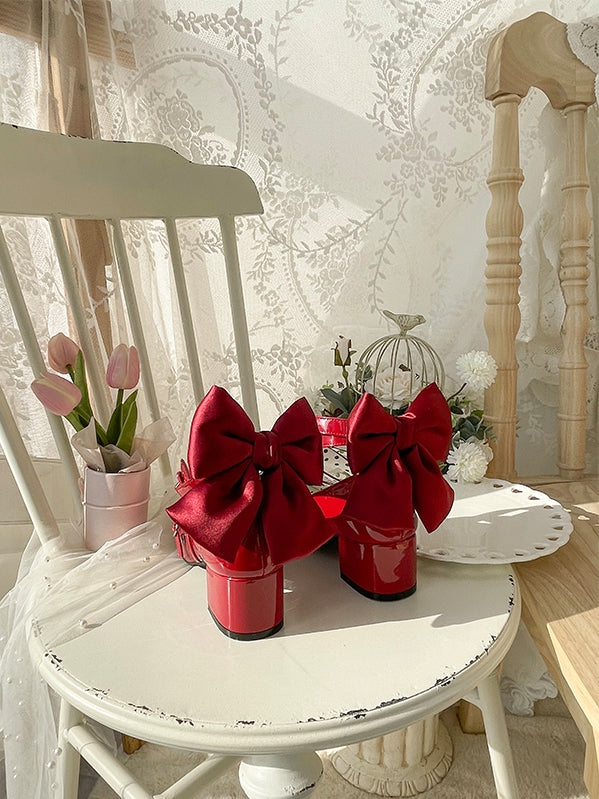 Accent Bow Crisscross Heels Mid Red Design Sweet Toe Round - Lolita