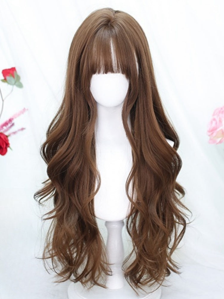 Brown 65-70CM Waist Length Wavy Wig With Air Bangs