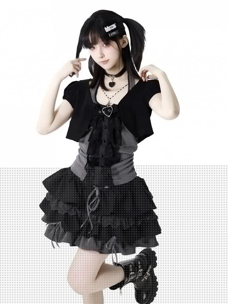Skirt Cropped Top+Halter Neck Top+Tiered Sleeves Y2K Black and Gray Three Pieces Set - Short