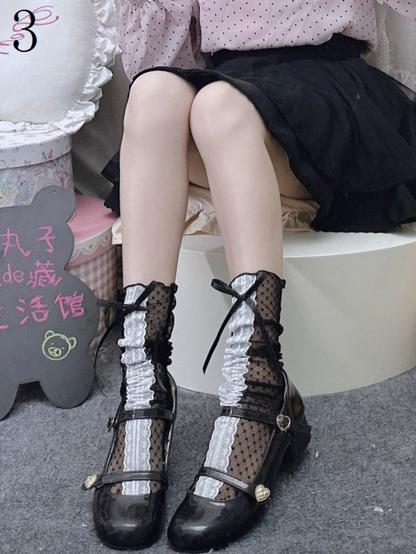 Bowknot Calf Socks With Black/White Trim Details Lace Semi-sheer Polka-dot Pattern