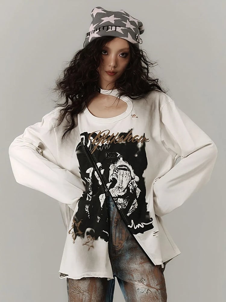 Zipper and Detail White Distressed Top with Cutout Shoulder