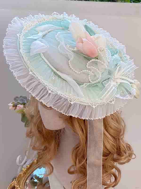 Verzierter Tulpenblauer Hut Flach Lolita / Grün Pink