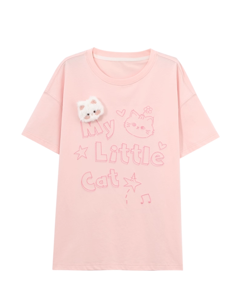 Pink/Mint T-shirt Kitty Plushie Round Neck Kitty Print Loose Blue with