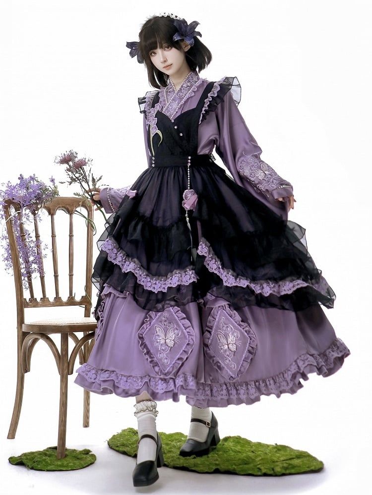 Delicate Butterfly Apron Lolita Dress Black Set Purple Han and Embroidery Full Floral +