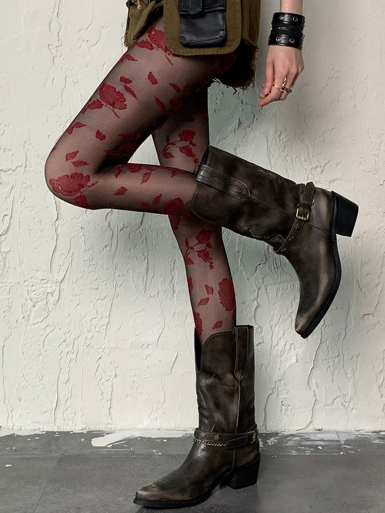 Pattern BlackRed Tights Rosette Gothic