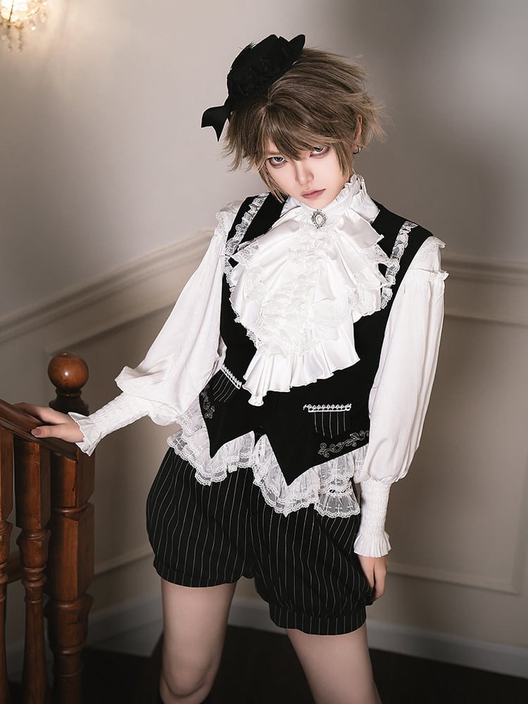 Weiße, gekreuzte Spitzensaum-Schwarze Ouji Lolita-Weste