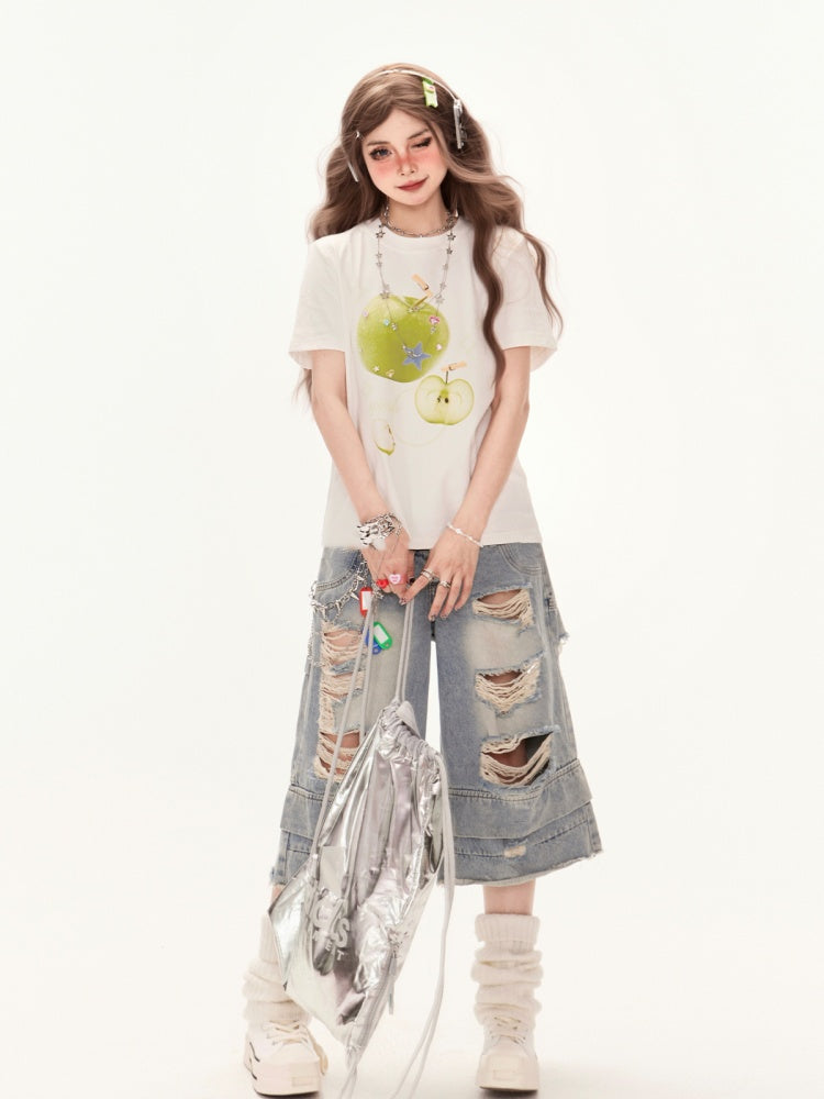 Embellished T-Shirt Green Apple Print White Round Neck Rhinestones