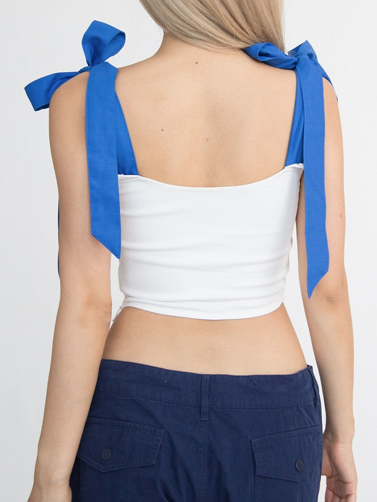 White Curved Hem Glamorous Sleeveless Top Blue Self-Tie Straps