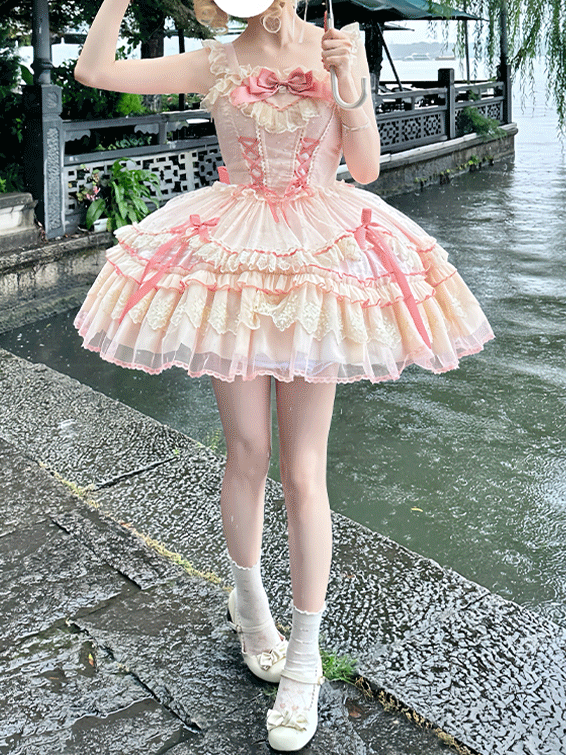 Bow Sweet Lolita Dress Flutter Pink Lace-up Bodice High Waist Sleeves with Big Jumper Skirt Detachable
