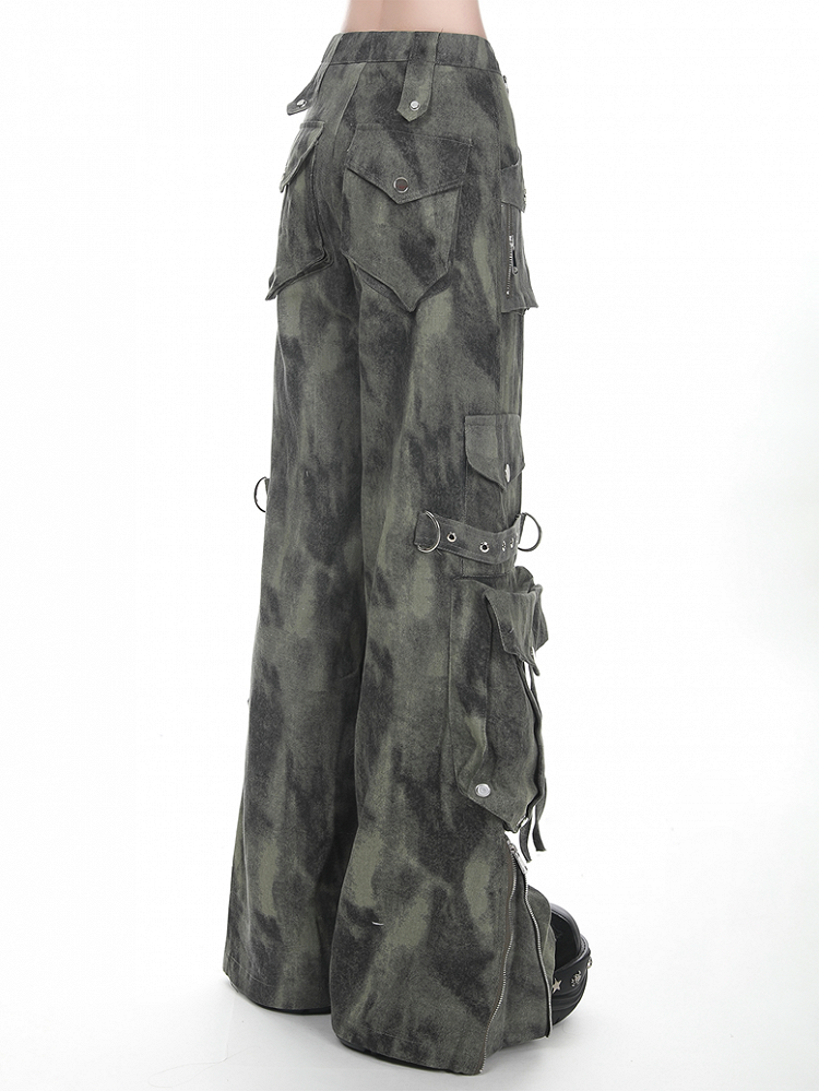 Gray/Green Faded Vintage Dark Wash Wide-Leg Cargo Jeans with Zippered Cuffs