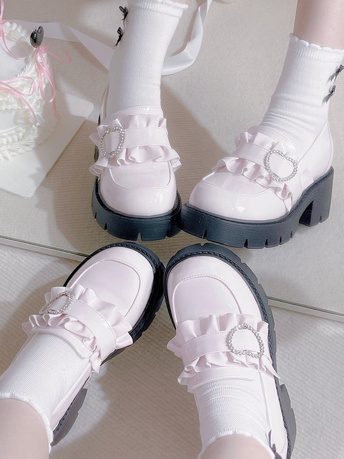 Schuhe Jirai 6,5 cm Pink Chunky Detail Kei mit Loafers Perlenabsatz Sweetheart Plateau