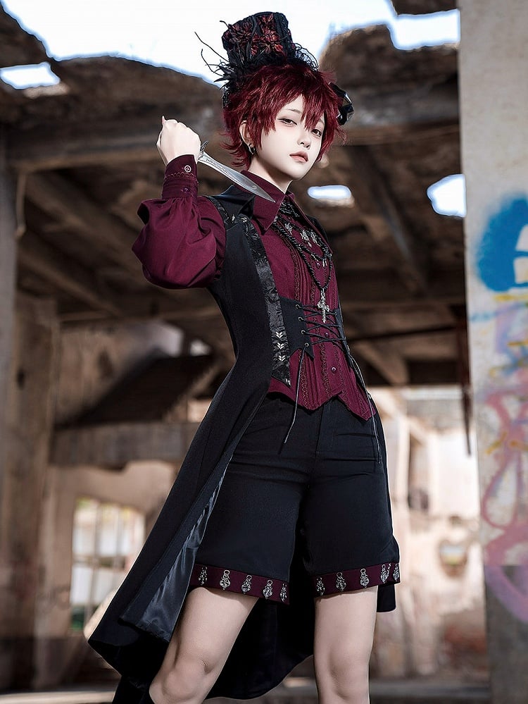 Straight-leg Shorts Black Lolita Ouji Cuffs Red