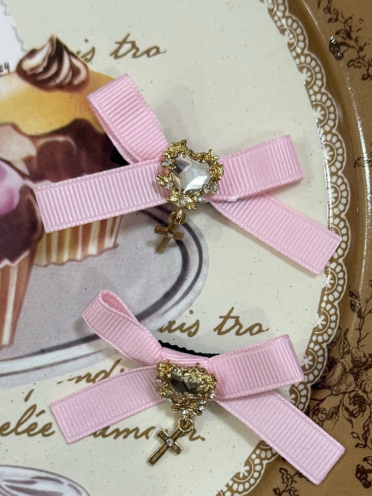 Rhinestone Design Heart Hairclips Pink Cross Beaded Floral Bowknot Charm + Decorated Hairclip