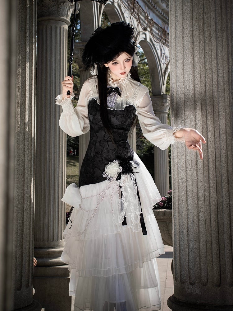 Classic JSK Elegant Layered Full Tulle Slim Bodice Jacquard Hem White Lolita Black Fit Floral Set