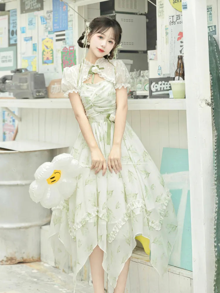 Light Green Lily of the Valley Print Handkerchief Hem Dress + Bolero
