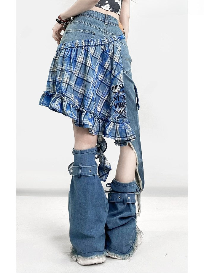 Warmers + Blue Print Hem Shorts Glamorous Pattern Bittersweet Asymmetrical Star Set- Plaid Applique Skirt Leg Cross