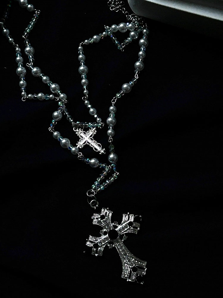 Red/White Gothic Lolita Beaded Necklace with Cross Pendent