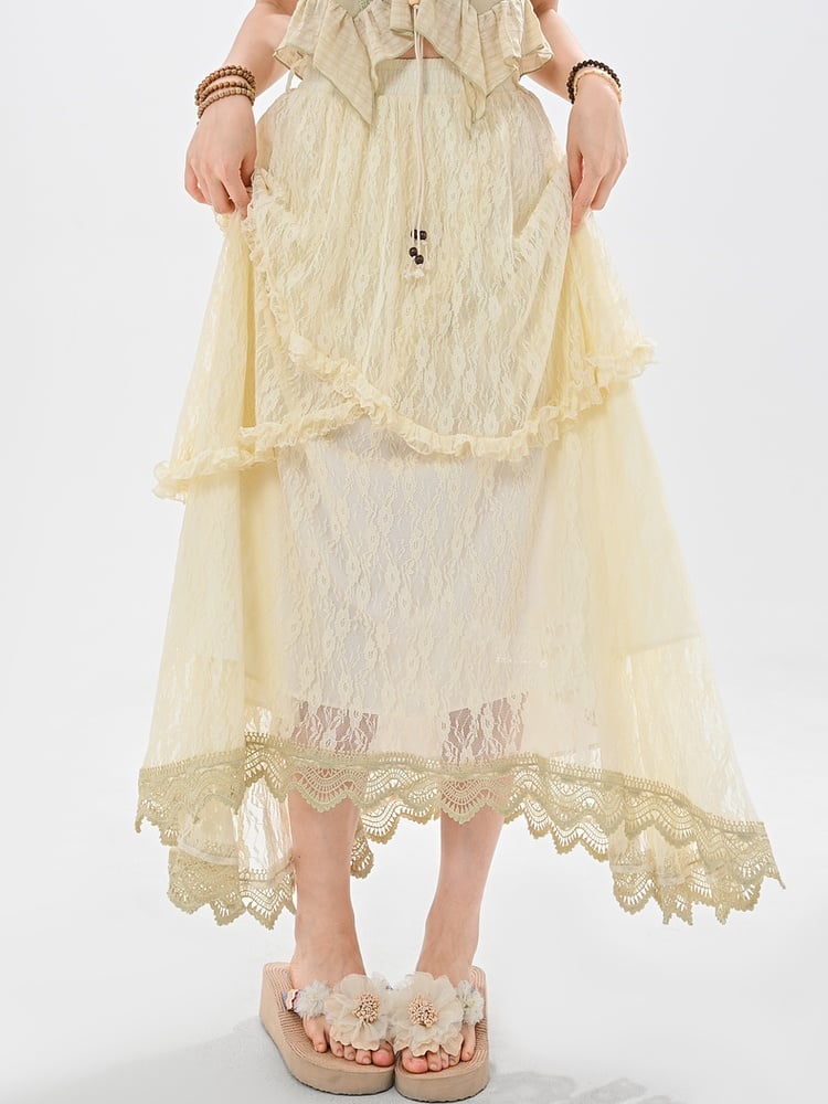 Apricot Elastic Waist Asymmetrical Lace Skirt
