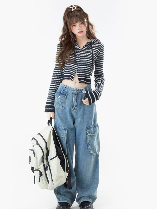 Black Pattern Stripe Hooded Cardigan / Pink