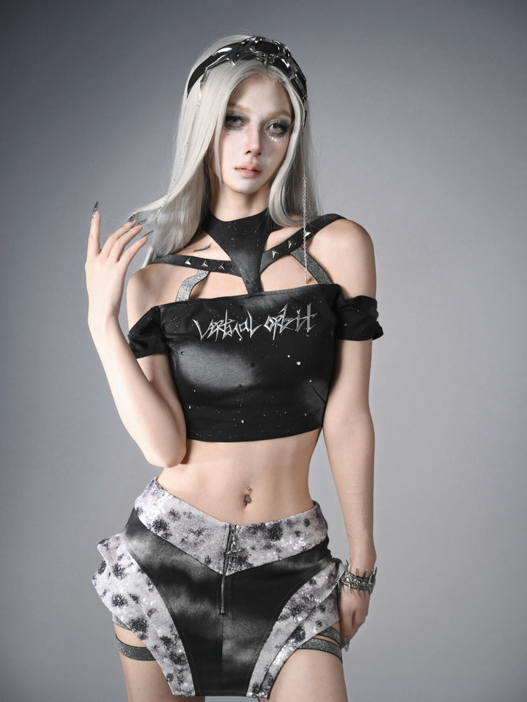 Futuristic Black Halter Neck Fashion Cyberpunk Top with Detachable Sleeves Y3K Cropped
